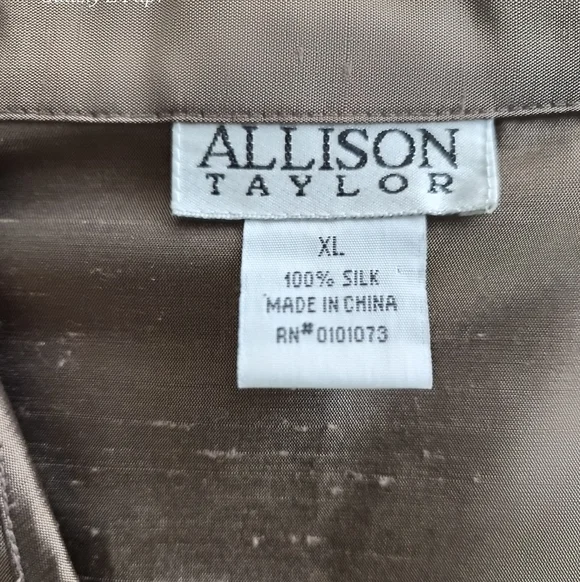 Allion Taylor Gold Silk Satin Band Collar V-Neck Blouse - Long Sleeve - Picture 2 of 7